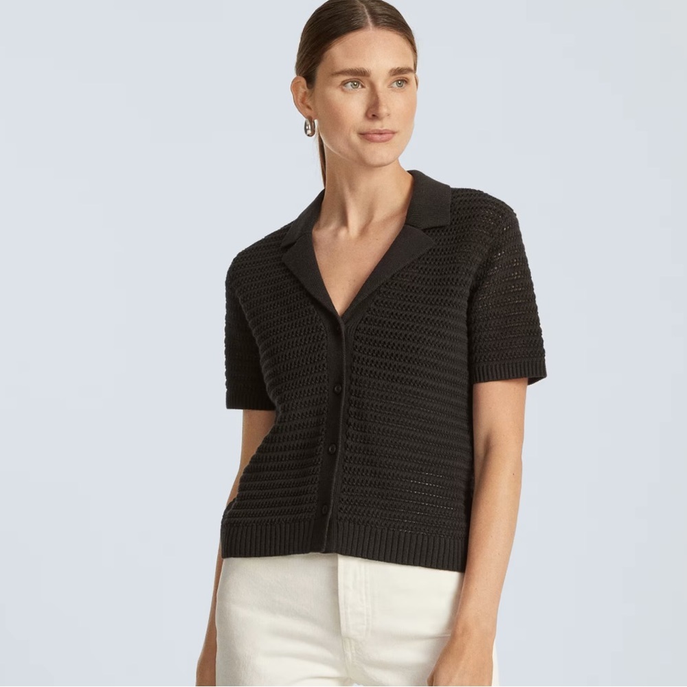 Everlane Black Open-Knit Short Sleeve Button-Down